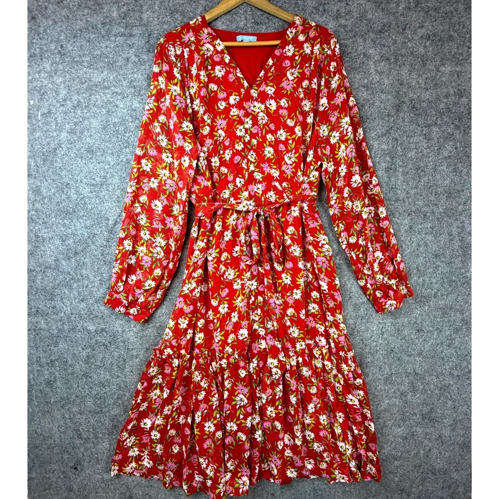 Draper James RSVP Midi‎ Dress Womens 2XL Red Floral Tiered Ruffle Belted Peasant